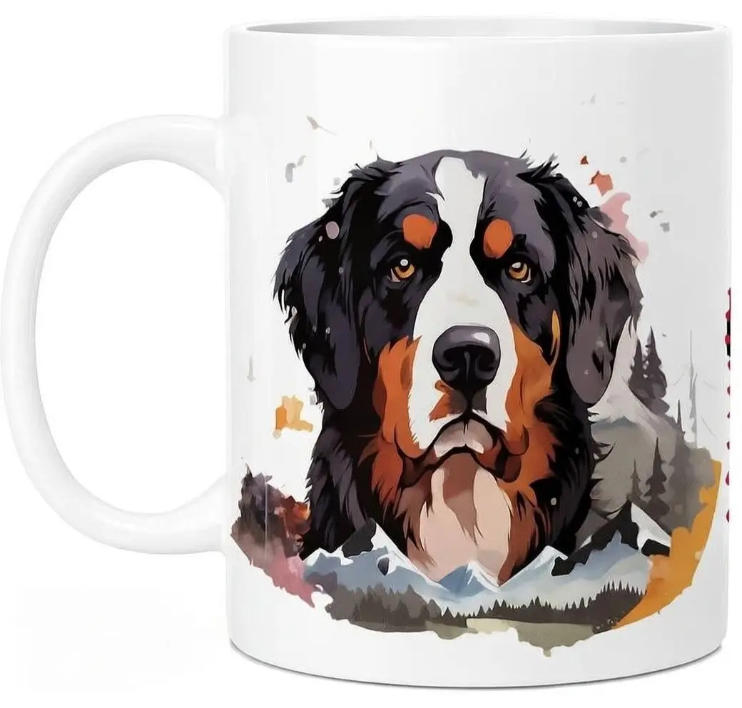 kubki z psami – kolekcja modern art & watercolor Artystyczny kubek z motywem psa - portret Berneński pies pasterski