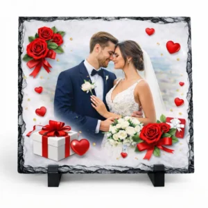 Foto granit o wymiarach 20x15cm z Twoim zdjęciem ślubnym i ozdobnymi grafikami róź - druknastyl.pl