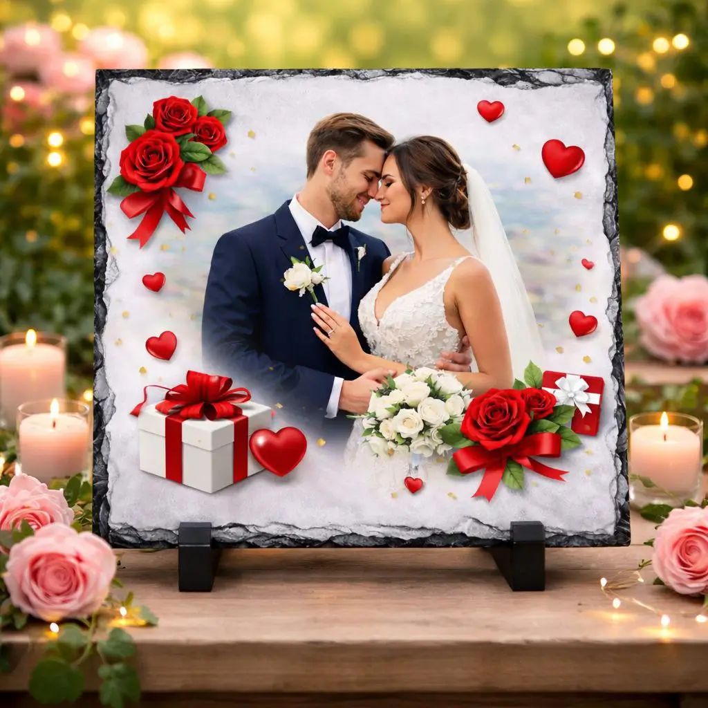 Foto granit o wymiarach 20x15cm z Twoim zdjęciem ślubnym i ozdobnymi grafikami róź - druknastyl.pl
